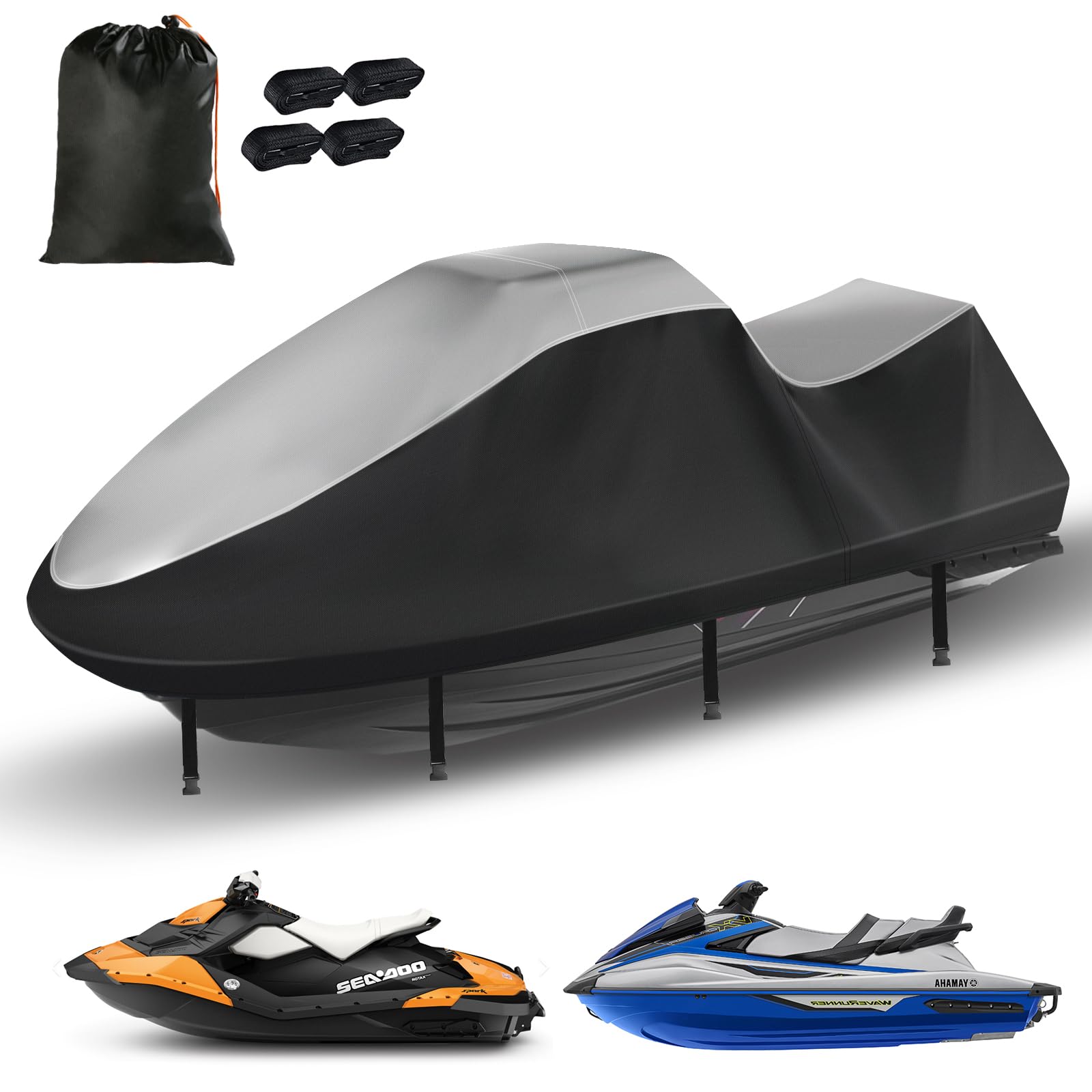 Jet Ski Cover,Durable 420D Jetski Cover 3 Seater Waterproof,Upgraded Waverunner Cover with 2 Air Vents，4 Windproof Buckles,All Weather Universal Cover for Seadoo (Silver-Black, XXXL:136"-145")