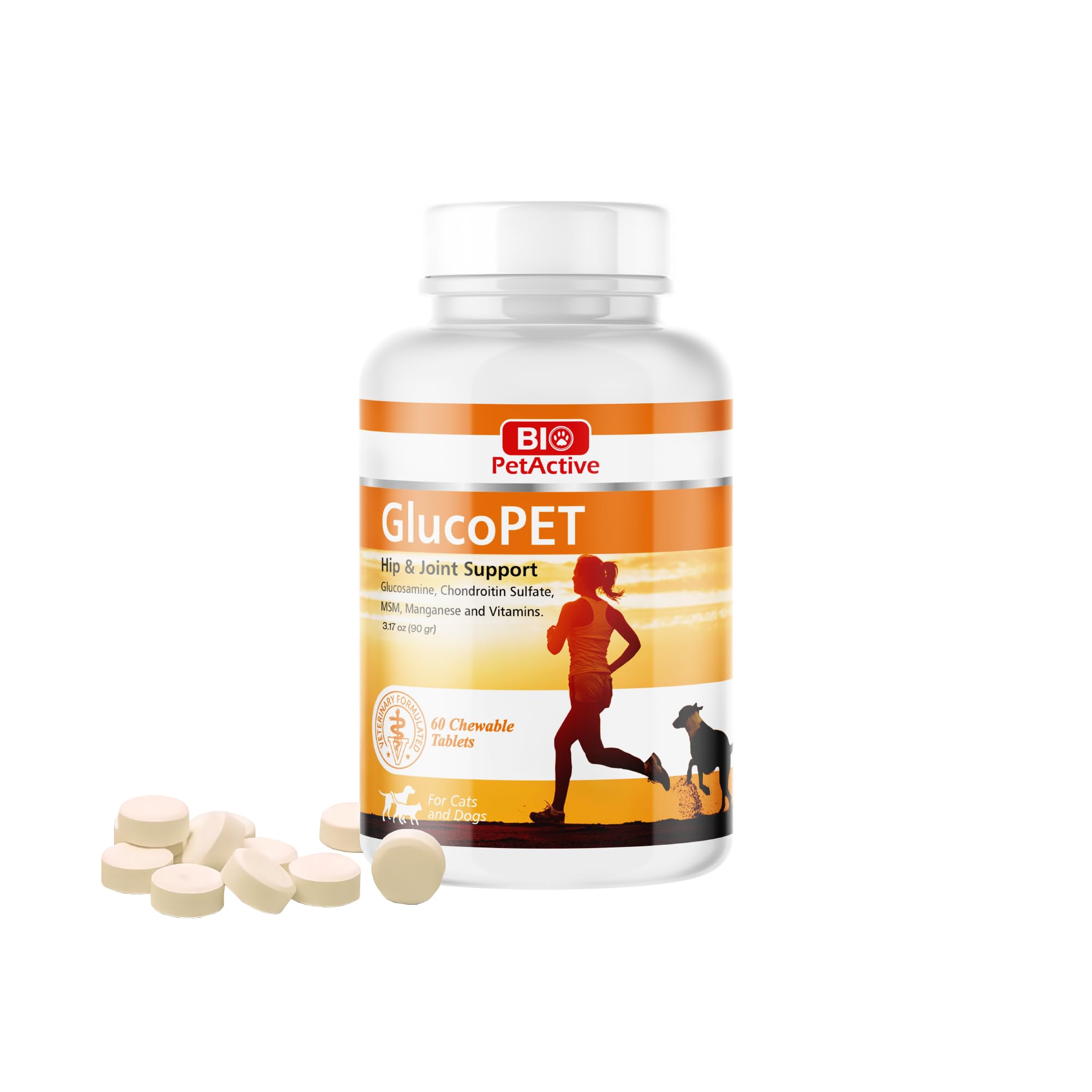 Bio PetActive GlucoPET Hip & Joint Supplement for Dogs & Cats with Glucosamine, Chondroitin & MSM - Supports Mobility & Healthy Joints - 60 Chewable Tablets