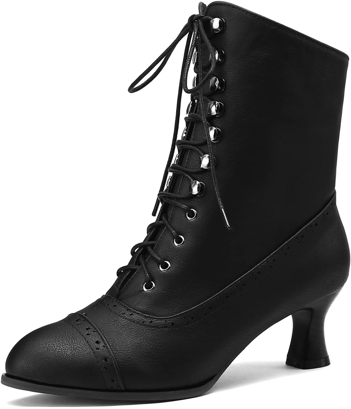 HavueGatue Lace Up Ankle Boots for Women Block Heel Victorian Boots Pointed Toe Booties Side Zipper
