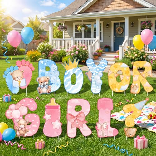 BrightRow 11 Pcs Exclusive Bear Gender Reveal Yard Signs with Stakes Boy or Girl Party Decoration for Baby Shower Gender Reveal Yard Letters Lawn Decorations for Outdoor Decor (22 Stakes Included)