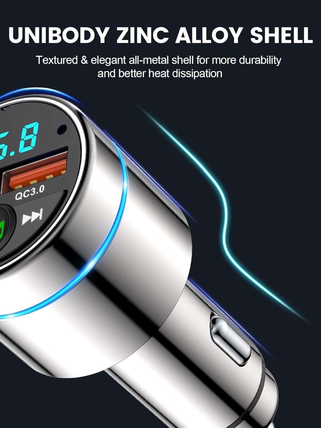 Mohard Nadajnik FM Bluetooth 5.3, całkowicie metalowy samochód Bluetooth, szybka ładowarka samochodowa PD30W typ C+QC3.0, adapter Bluetooth do radia samochodowego, redukcja szumów, połączenie