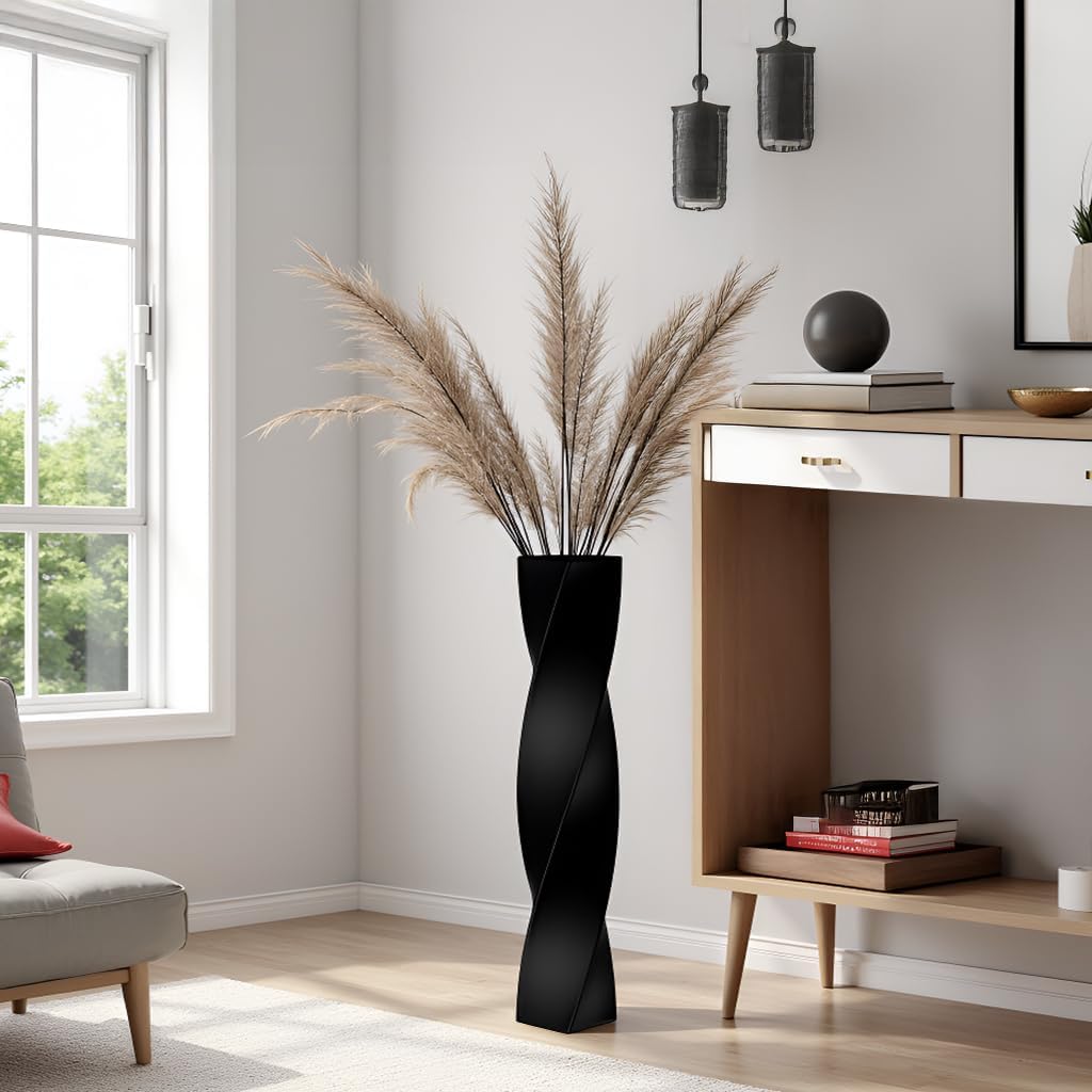 Tall Black Resin Floor Vase - 23.6 Inch Modern Square Twist Vases for Home Decor, Large Decorative Vase for Dried Flowers, Pampas Grass, Centerpiece - Matte Finish - Image 3