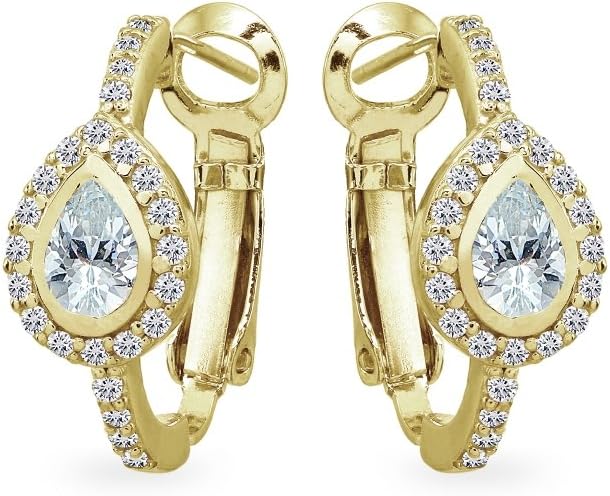 Sterling Silver Cubic Zirconia Teardrop Halo Clutchless Hoop Earrings - Image 2