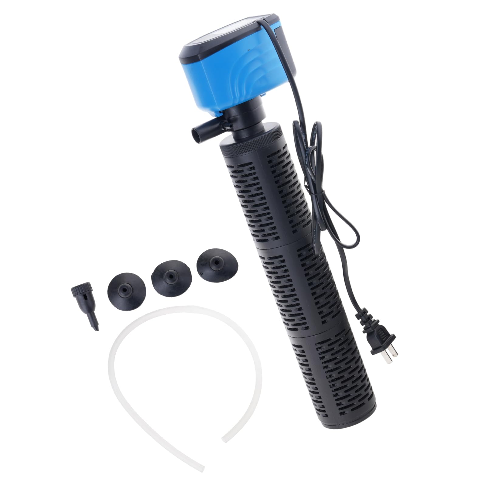 Submersible aquarium filter with triple action filtration for low energy consumption and low power consumption aquarium pump