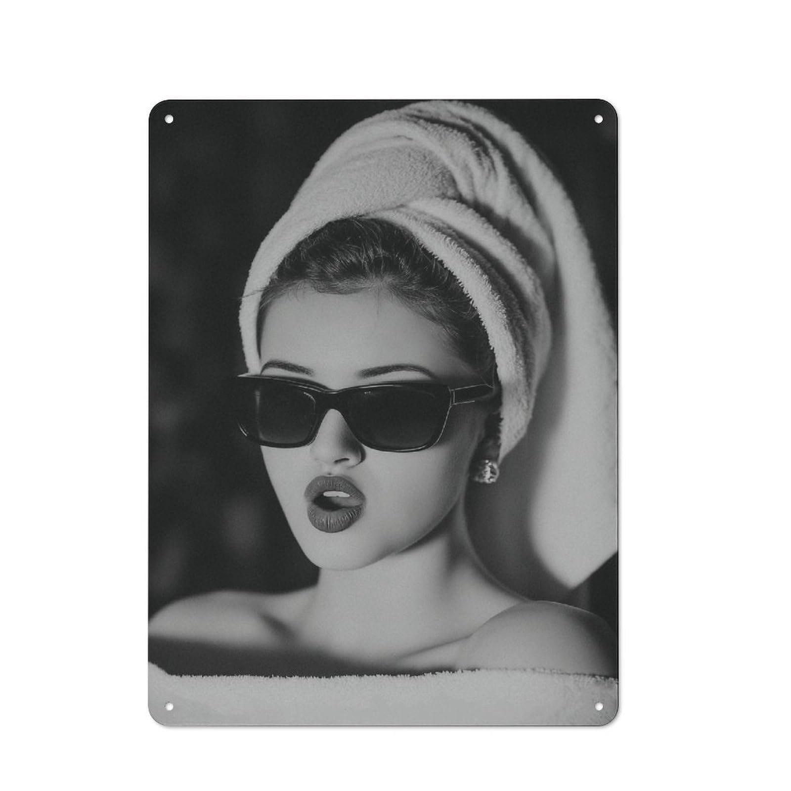 Rucatto El póster cuenta con una mujer elegante con gafas de sol y con una toalla envuelta alrededor de su cabeza. Moderno póster de metal para decoración de pared del hogar, 40 x 30 cm