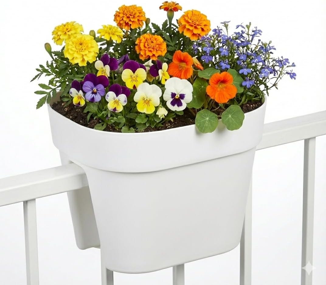 Self Hanging Flower Planter Pot PBACK – Balcony & Garden Pots with Adjustable Hooks and Self Watering – Durable Premium Hanging Planters – Made in Italy - by Kahf Green (White, 30cm)
