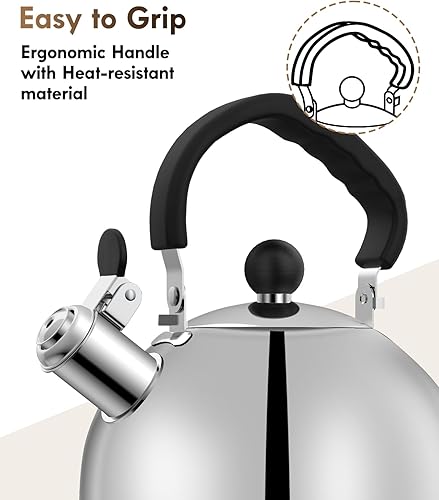 Miniatura 5 de Tetera para estufa, tetera de acero inoxidable, hervidor de campamento de 2 cuartos de galón, calefacción eficiente, silbato audible, mango seguro,