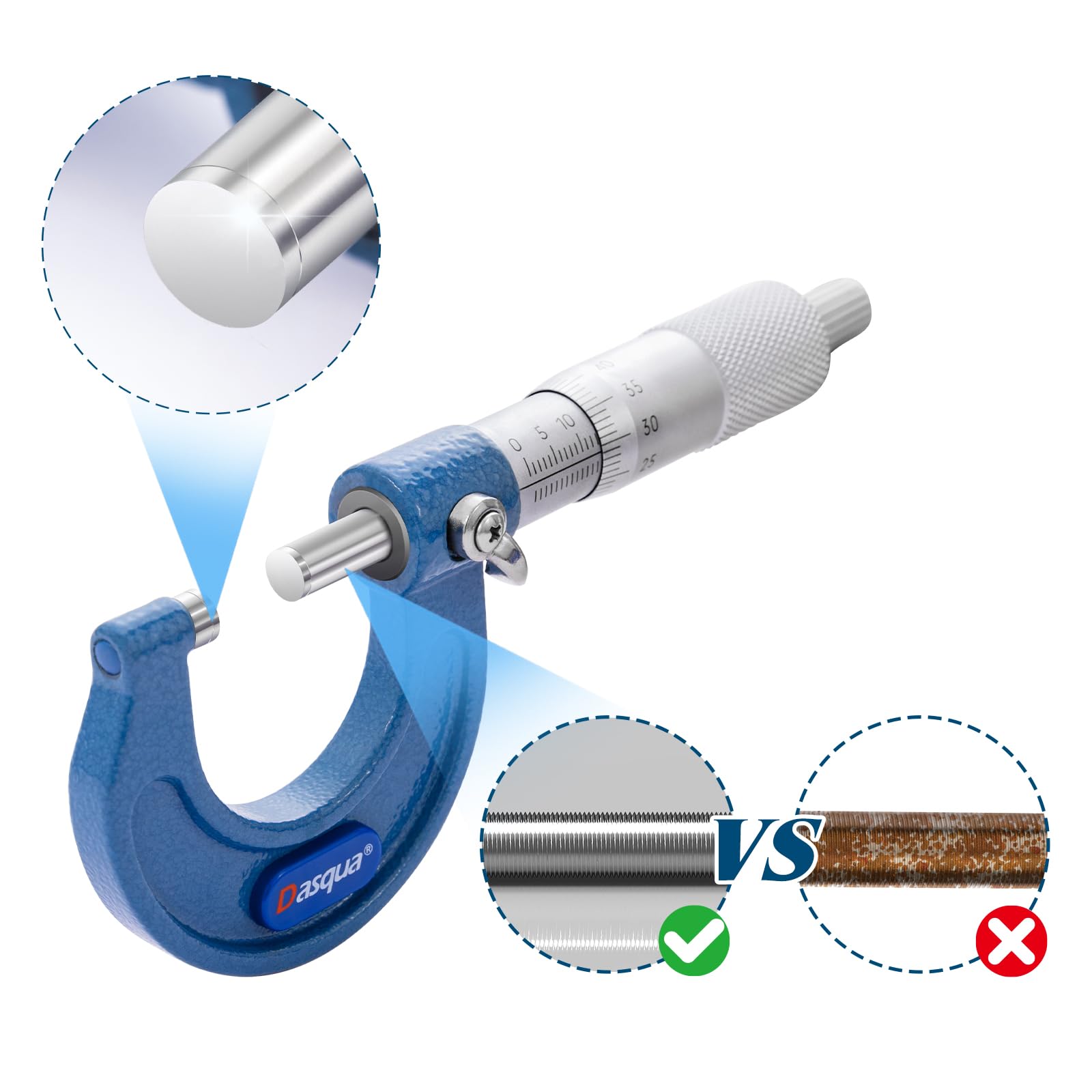Dasqua Micromètre extérieur | DIN863 - Micromètre à vis 0-25 mm | Haute précision 0,004 mm | Micromètre avec mandrin en acier inoxydable et surfaces de mesure en carbure | Gravure laser