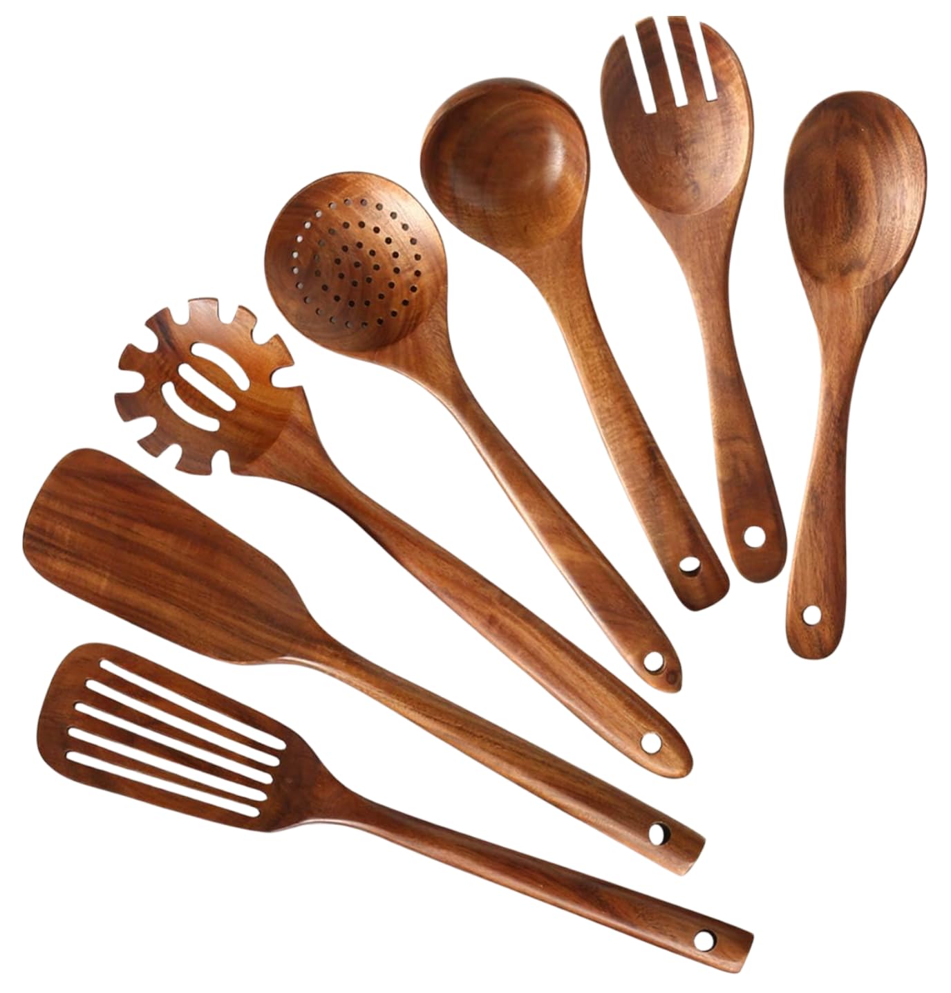 Wooden Kitchen Utensils set,Wooden Spoons for cooking Natural Teak Wood Kitchen Spatula Set for Cooking including Spoon Ladle Fork 7 Pack