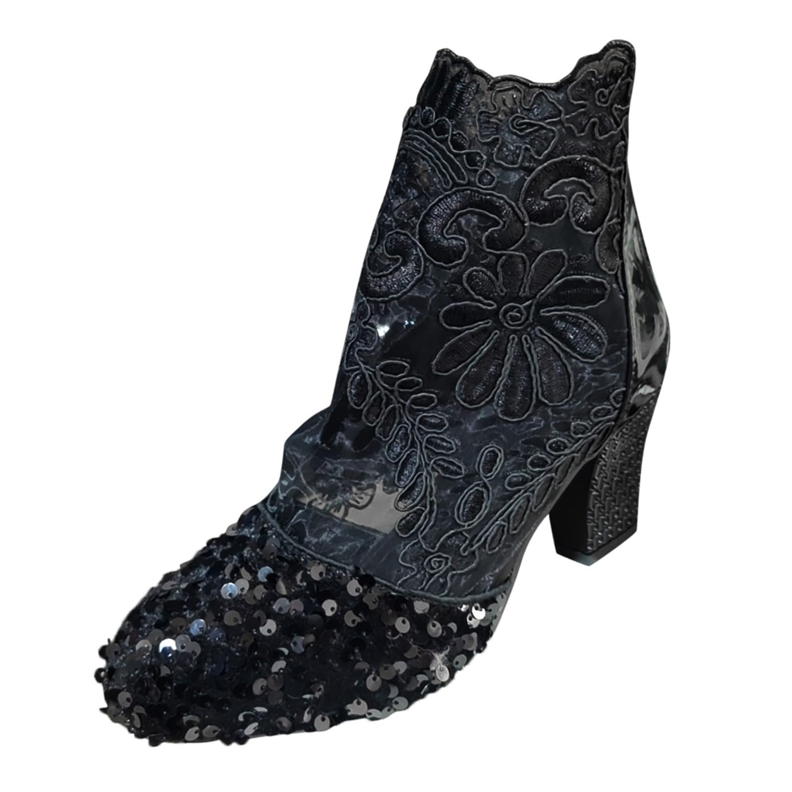 Ankle Boots for Women 2025 Fashion Lace Flower Embroidery Sequin Stacked High Heels Dress Short Booties Womens Mesh