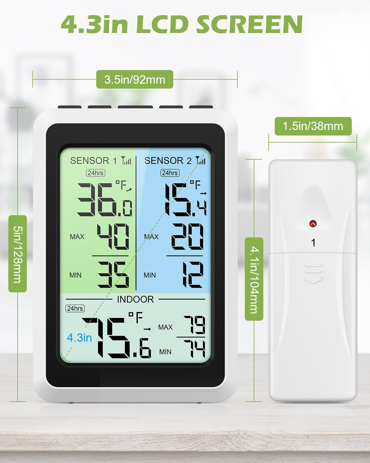KeeKit Wireless Thermometer showing dimensions of the main display unit (4.3 inch LCD, 3.5 inch width, 5 inch height) and a wireless sensor (1.5 inch width, 4.1 inch height).