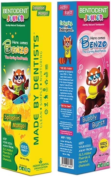 BENTODENT TOOTHPASTE 100% Natural Kids super saver pack bubble gum 100g & mango 100g Toothpaste, Fluoride Free, Sls Free, Complete oral care protection for kids, Fresh Breath, Best for kids 2+ years