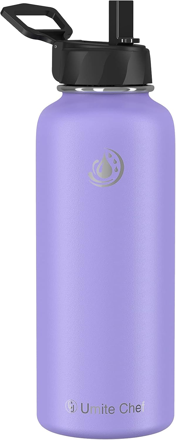 Umite Chef Sports Water Bottle with New Wide Handle Straw Lid, Vacuum Insulated Stainless Steel Thermo Mug, 40 oz Double Walled Wide Mouth Water Bottle ,Leak Proof, Sweat Free( Lavender)