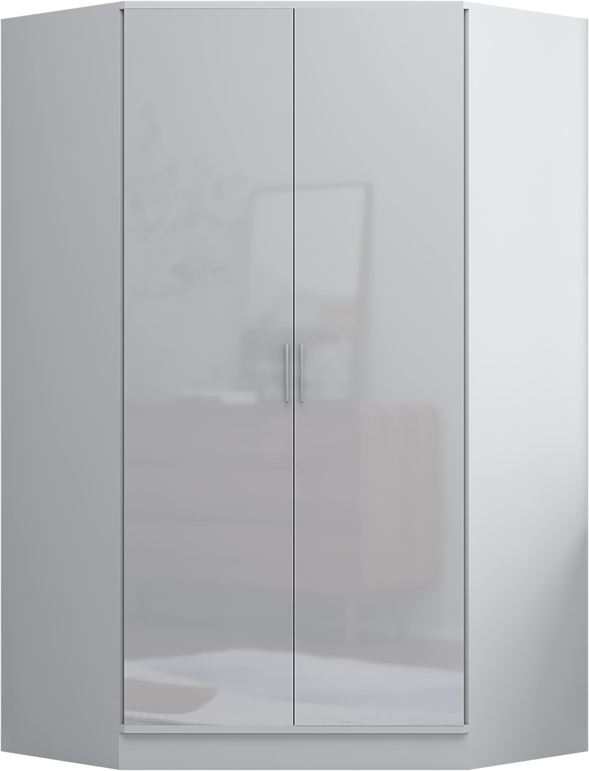 Reflect - 2 Door CORNER Wardrobe with 2xHanging Rails and 10 Shelves for Bedroom (H: 180cm x W: 103cm x D: 103cm) (White Gloss/Matt White)