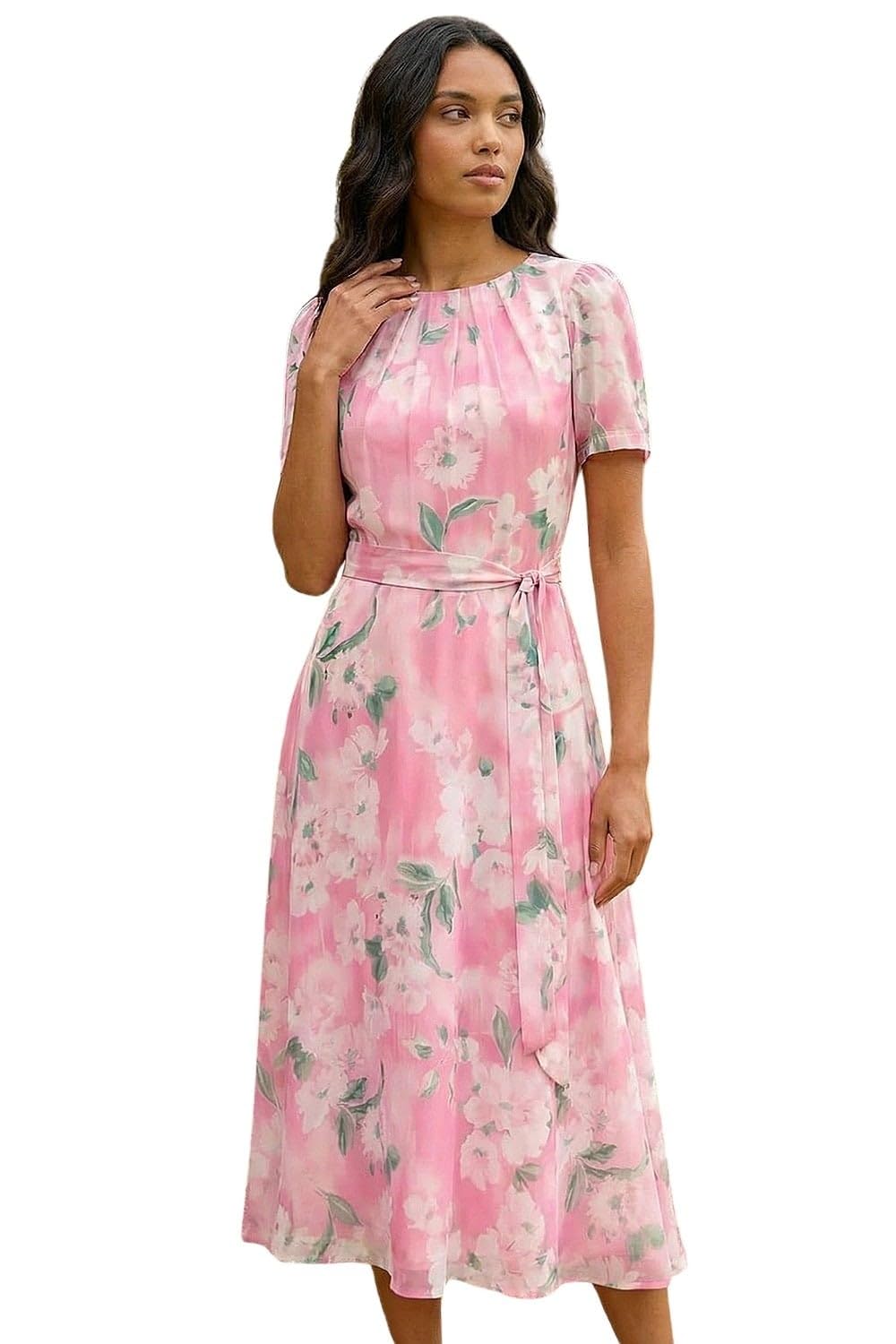 Roman - Women's - Midi Dress - Floral Print - Pleat Neck - Size 20 - Pink