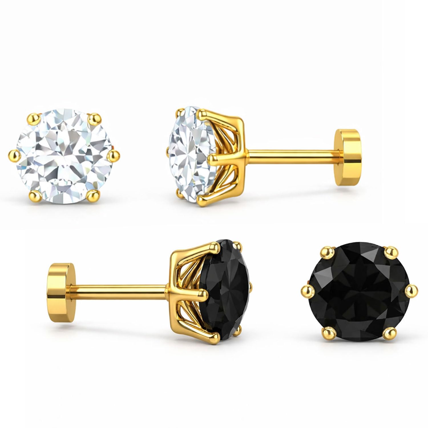 vama FASHIONS 2 Pair 5mm 18K Gold Plated Anti Tarnish Round Shape White & Black Stone Piercing Cartilage Ear Lightweight Hypoallergenic Stud Earrings for Men & Boys-picture-31