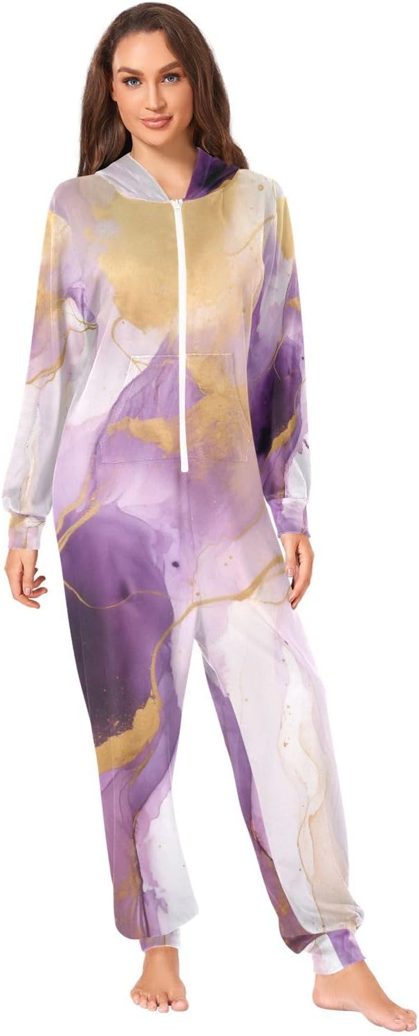 Purple Marble Gold Fluid White Unisex Adult Onesie Pajamas Comfy One Piece Costume Jumpsuits Novelty Sleepwear Homewear for Men Women