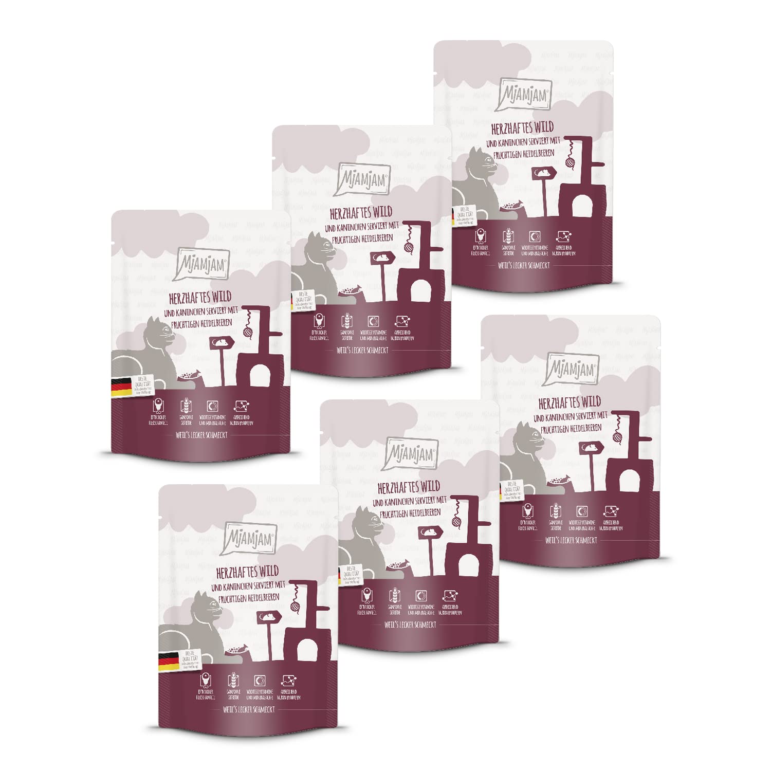 MjAMjAM - premium wet food for cats - Quetschie - hearty game & rabbit with fruity blueberries, pack of 6 (6 x 300 g) grain-free with extra meat
