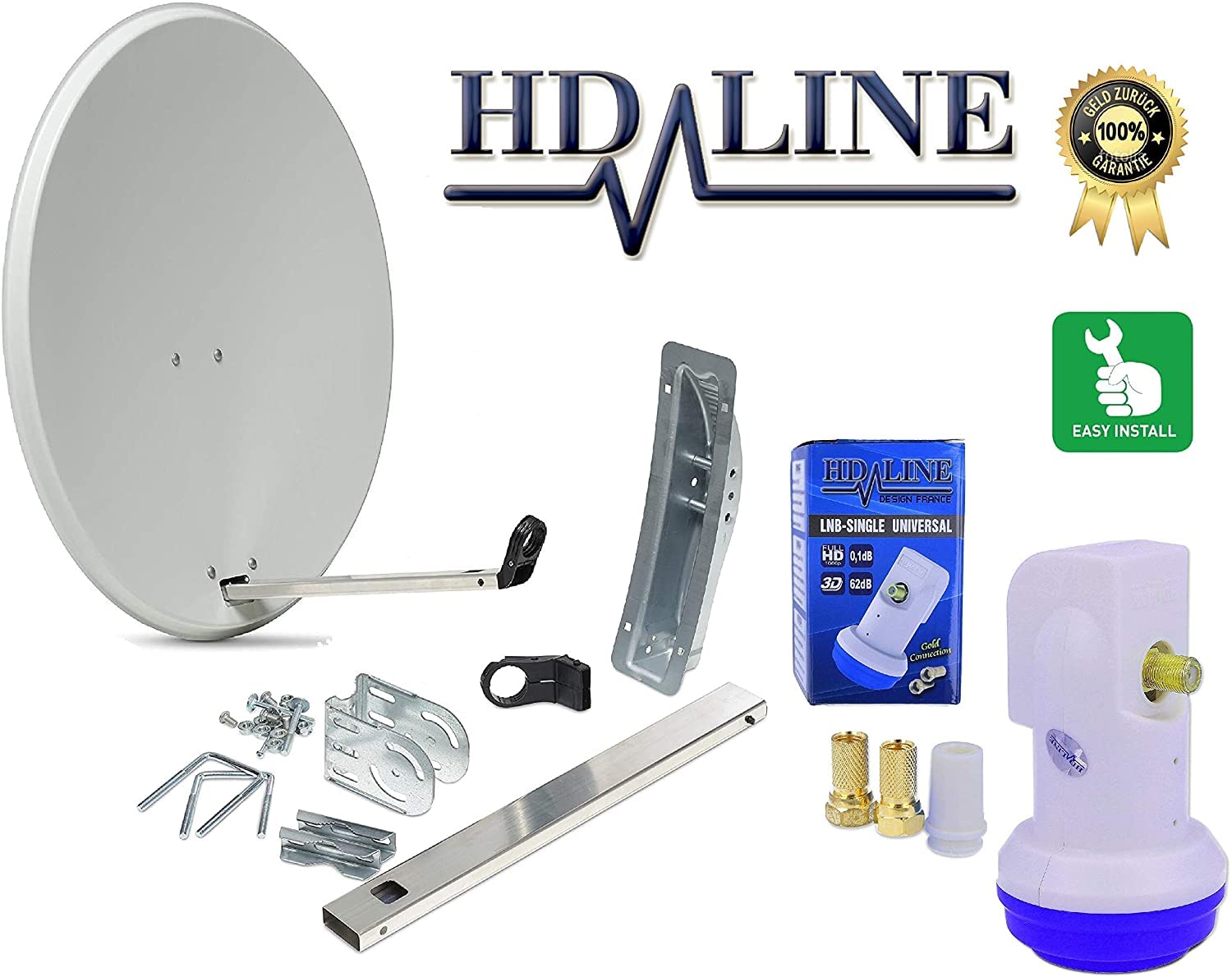 HD-LINE 1 Teilnehmer Set - Qualitäts-Alu-Sat-Anlage - Select 60/65cm Spiegel/Schüssel Anthrazit HD-LINE Single LNB - Satelliten-Komplettanlage - für 1 Receiver/TV [Neuste Technik - DVB-S/S2, Full HD, 4K/UHD, 3D]