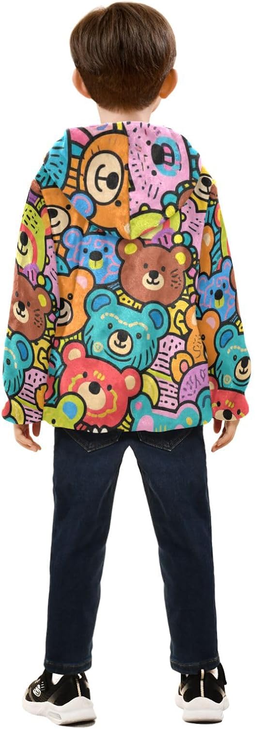 Doodle Art Bear Boys Zip Sweatshirt Children Plush Jackets Navy Blue Baby Boys Clothes