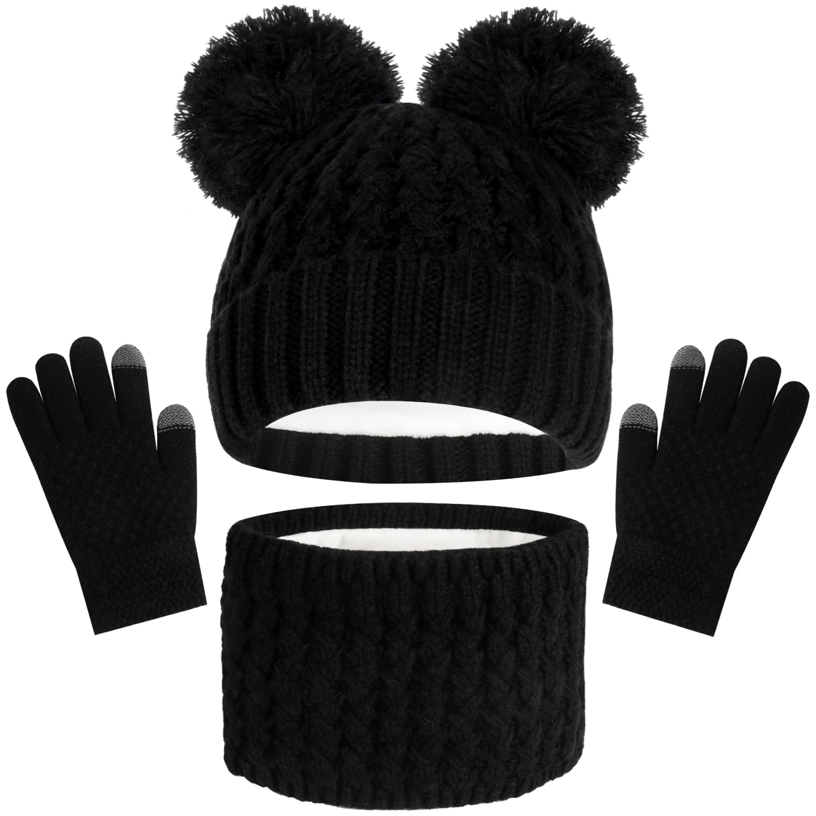 Kids Winter Beanie Hat Scarf Touchscreen Gloves Set, Fleece Lining Boys Girls Winter Hat Neck Warmer Gloves for 1-6 Years