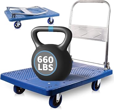 Foldable Push Cart Dolly 660 lbs, Capacity Heavy Duty Moving Platform Trucks Hand Cart with 360 Swivel Wheels for Home Garden Warehouse Garage Workshops