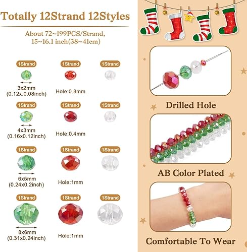 Miniatura 5 de Elecrelive - 1340 cuentas de cristal de Briolette de Navidad, cuentas de cristal de Rondelle facetadas de color AB para hacer joyas, pulseras,