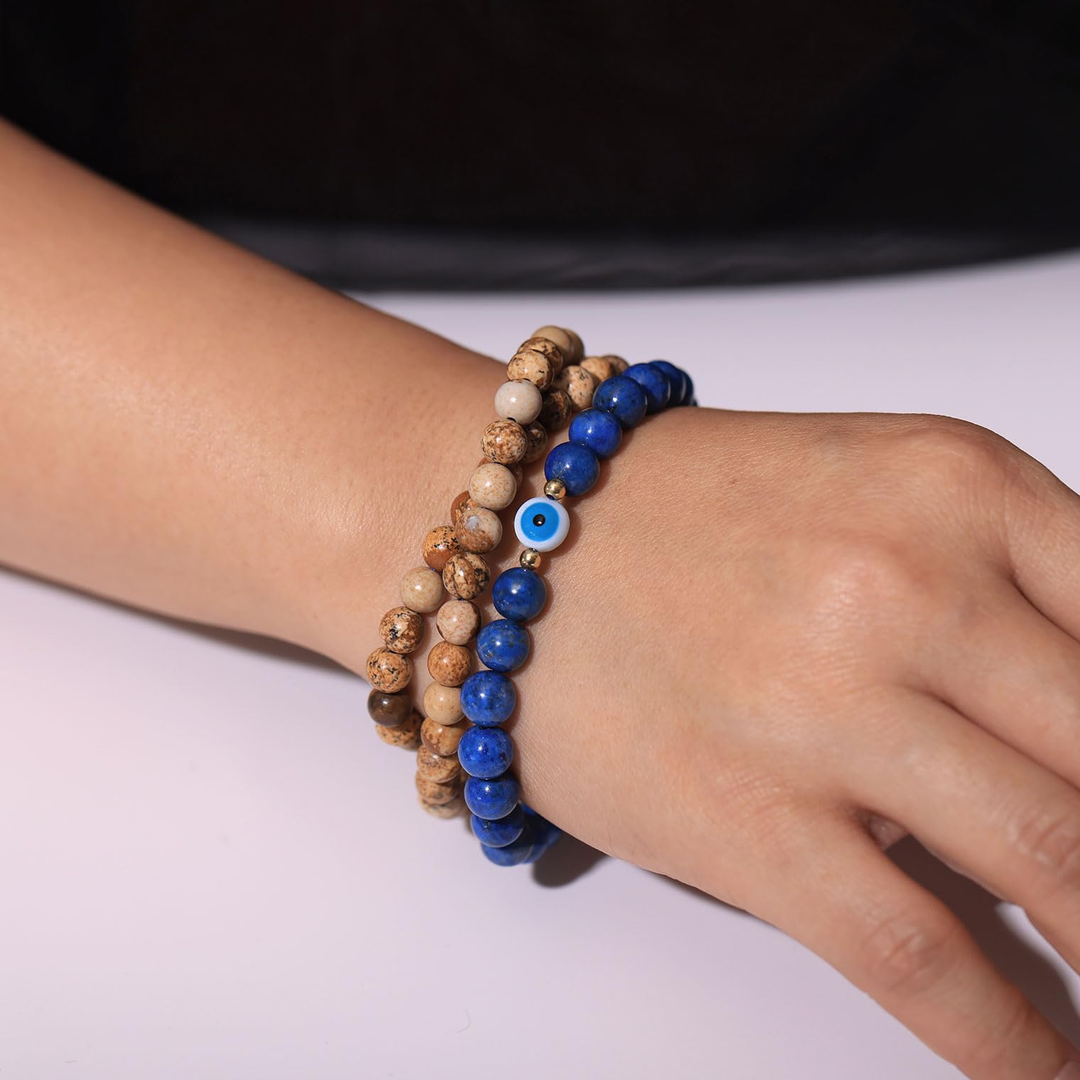XHUUU Wrap Picture Jasper/Lapis Lazuli Beaded Bracelets for Women and Men Stretch Evil Eye Bracelets Good Luck Protection Jewelry Unisex - Image 4