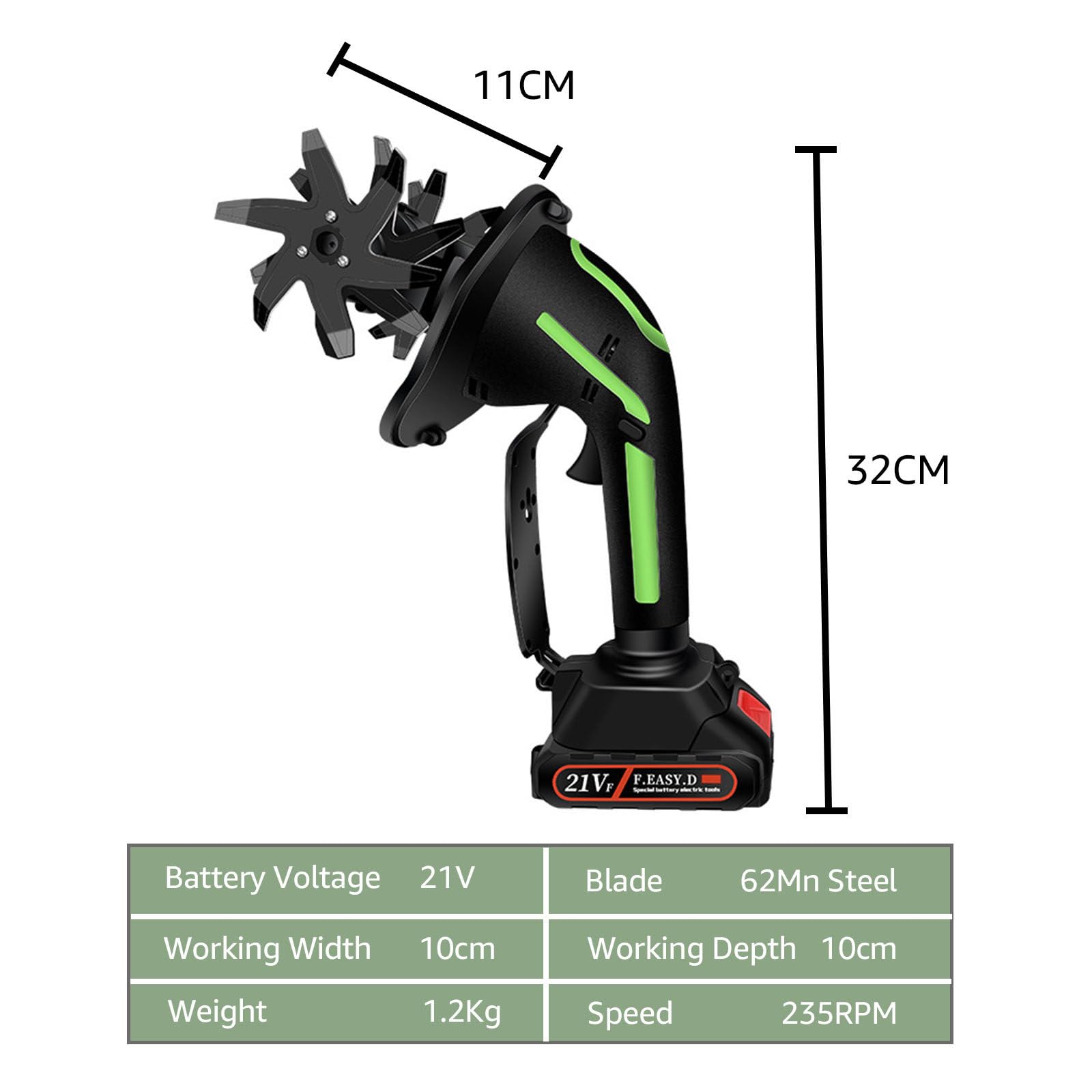Billg Motobineuse Electrique sans Fil, 21V Motoculteur Électrique, 235 RPM Portable Motobineuse sur Batterie, Largeur/Profondeur de Travail 10/10 cm, Cultivateur pour Jardin, Yard, Culture du Sol
