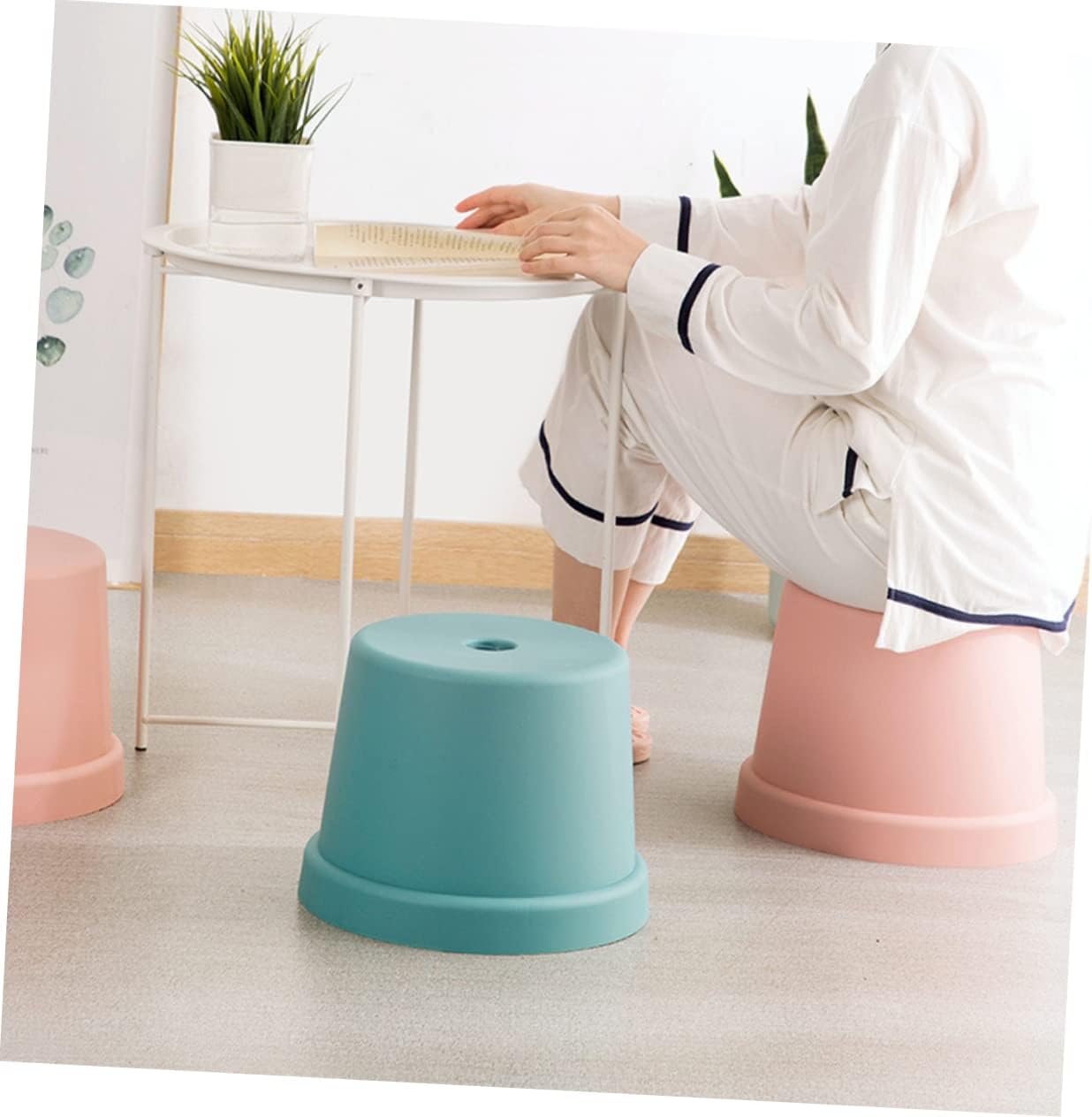 Cabilock Non Slip Plastic Step Stool for Shoe Changing and Bathroom Use Lightweight Stackable Footstool with Rounded Edges Stable and Design for Pink Large