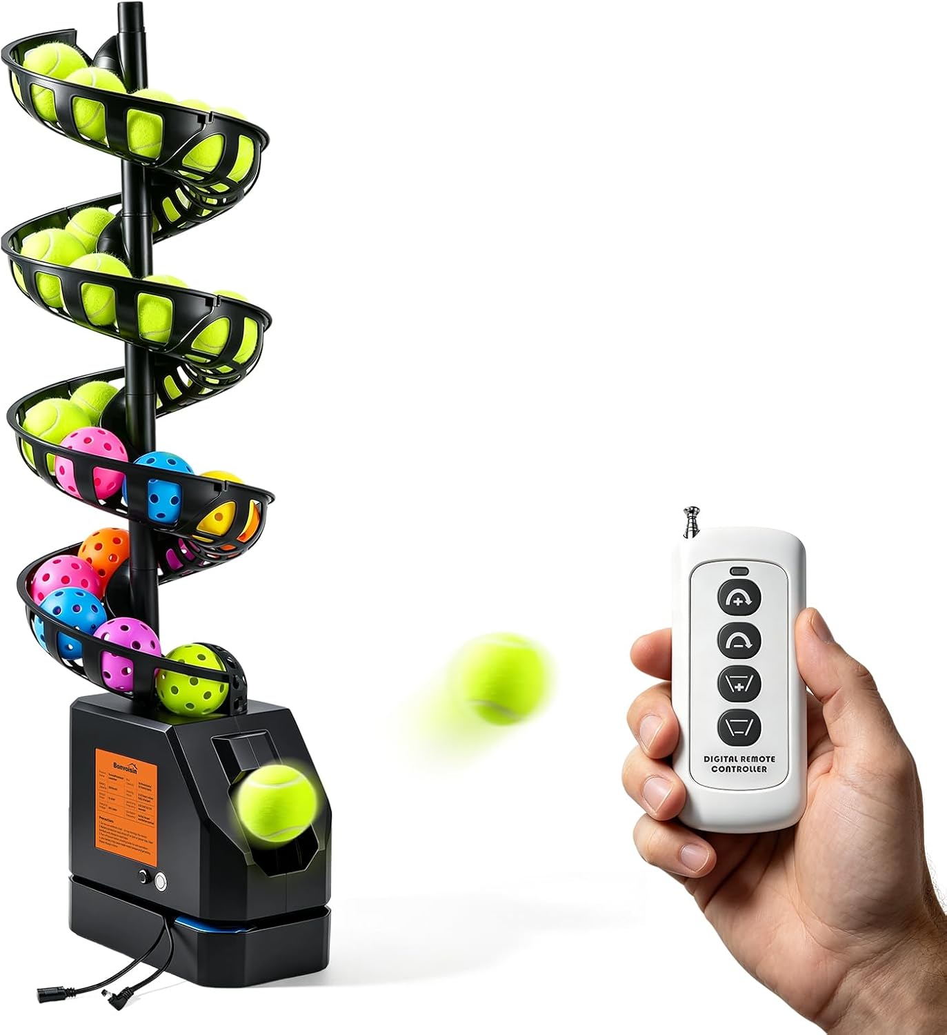 Bonvoisin Tennis Pickleball Machines Ball Thrower with Remote Control, 4 Launch & 3 Swing Adjustable, Portable Pickleball Launcher for Indoors & Outdoors Practice Training