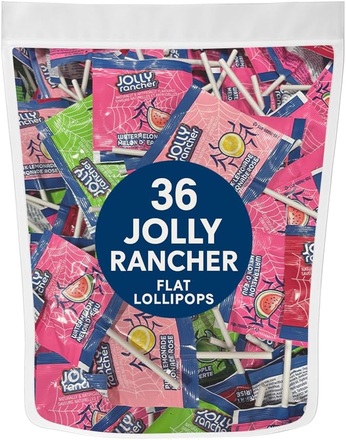 Jolly Flat Lollipops (Suckers) – 36 Count Variety Pack – Watermelon, Pink Lemonade, Green Apple, Cherry – Individually Wrapped Fruity Candy