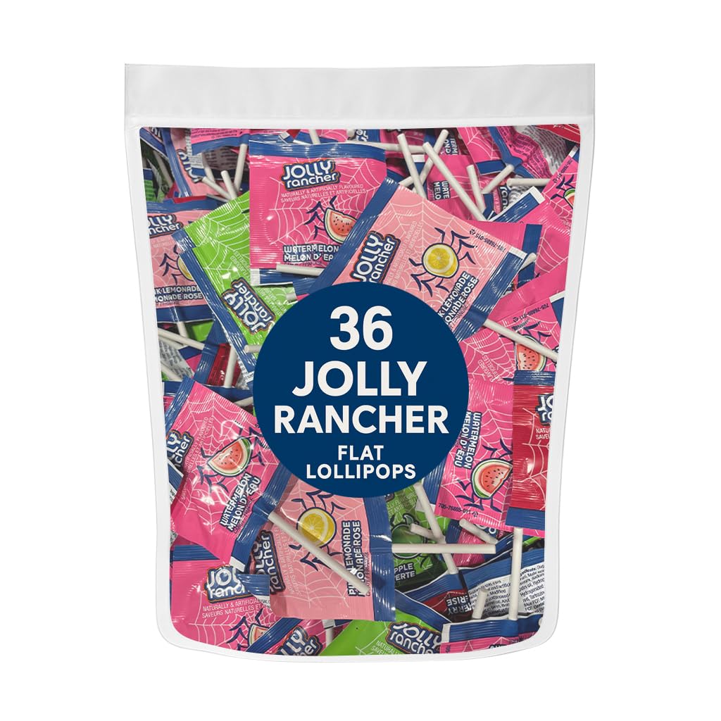 Jolly Flat Lollipops (Suckers) – 36 Count Variety Pack – Watermelon, Pink Lemonade, Green Apple, Cherry – Individually Wrapped Fruity Candy