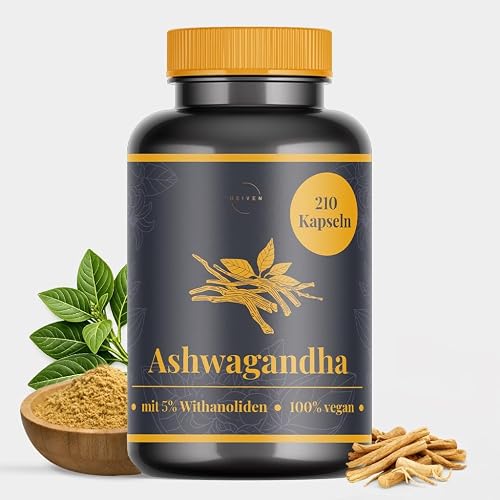 Ashwagandha Kapseln Hochdosiert – 1200 mg täglich – 60 mg Withanolide (5%) – 210 Kapseln Vorrat – Premium Wurzelextrakt – Vegan – Laborgeprüft