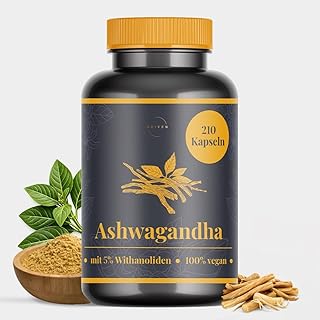 Ashwagandha Kapseln Hochdosiert – 1200 mg täglich – 60 mg Withanolide (5%) – 210 Kapseln Vorrat – Premium Wurzelextrakt – Vegan – Laborgeprüft
