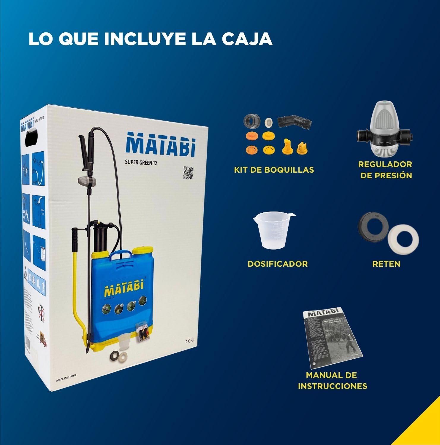 Matabi - Pulverizador a Presión Manual - Sulfatadora 12L - Lanza de Fibra y Boquilla Resistente - Fumigadora con Regulador de Presión - Correas Acolchadas - Super Green 12 - Fabricado en España