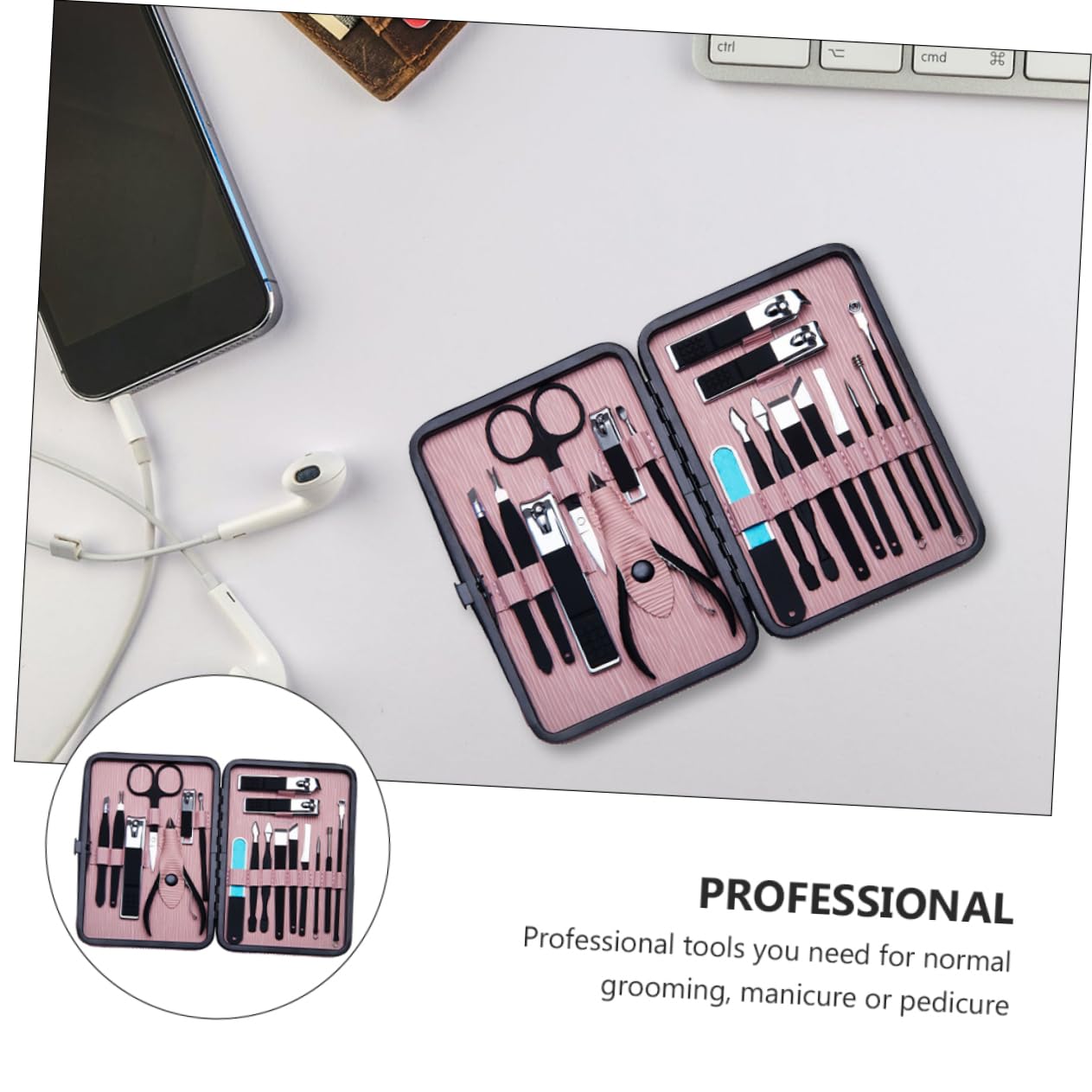 Set de Manicura de Uñas 18 Piezas de Acero Inoxidable Rosa | Portátil Alta Resistencia, para Pedicura y Grooming, Incluye Cortaúñas y Lima