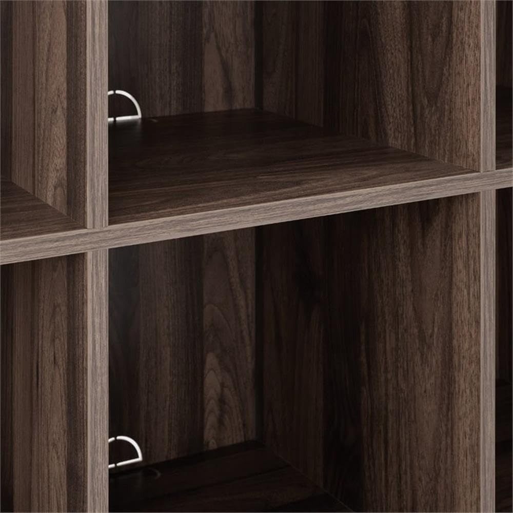 Bowery Hill 6-Cubby Cube Wood Record Storage Bookcase, Walnut Finish, 35.88"H x 42.25"W x 15.75"D, Mid-Century Modern Design with Tapered Legs, Cable Management, Home Office or Family Room Organizer