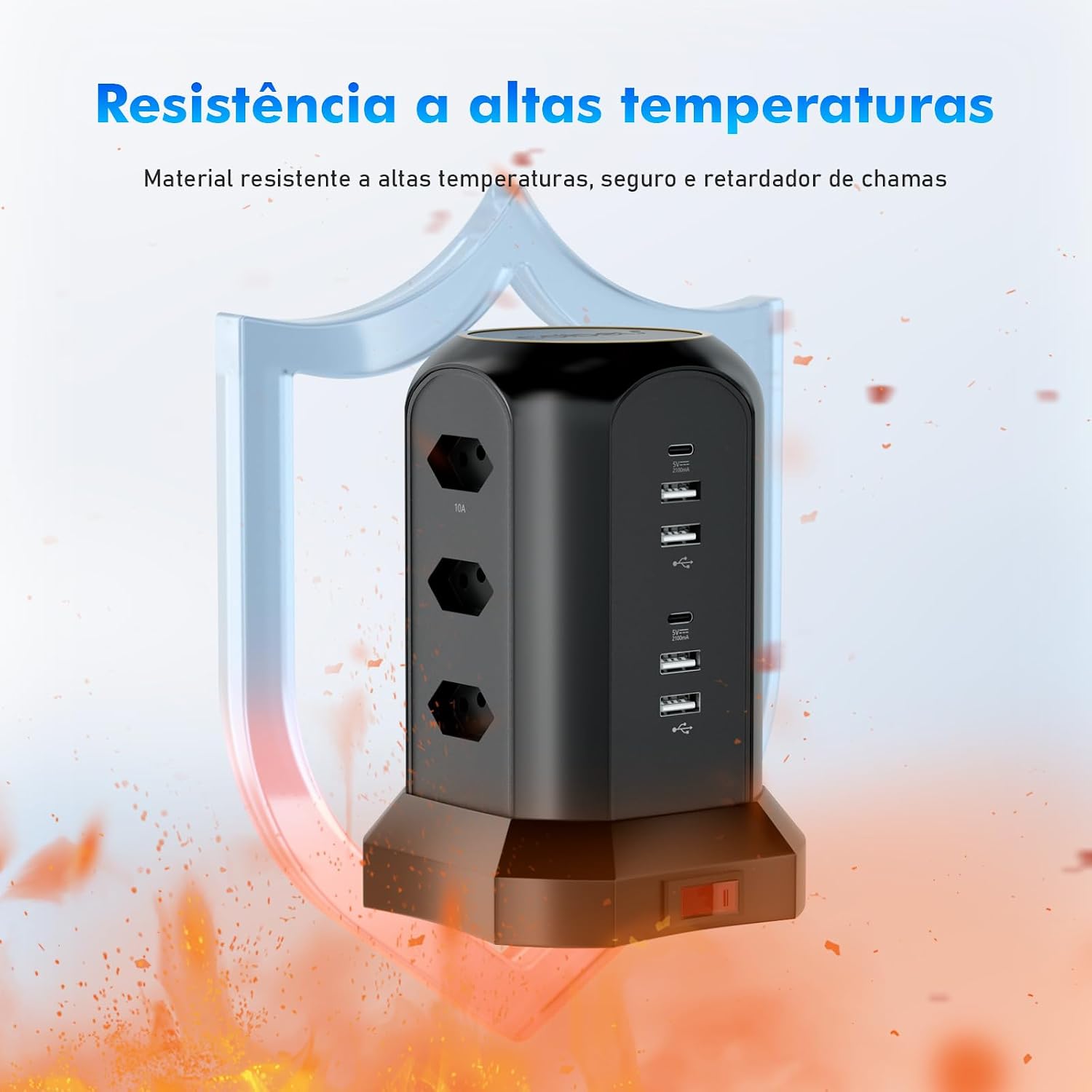 Filtro de Linha, Extensao Eletrica, Extensão Tomada, Torre de Tomada, Regua, Extensao Eletrica, 9 Tomadas, 4 Interfaces USB, 2 Porta USB Tipo-C, Suporte a Tensão de 110-220V, Potência de 2500W, Preto