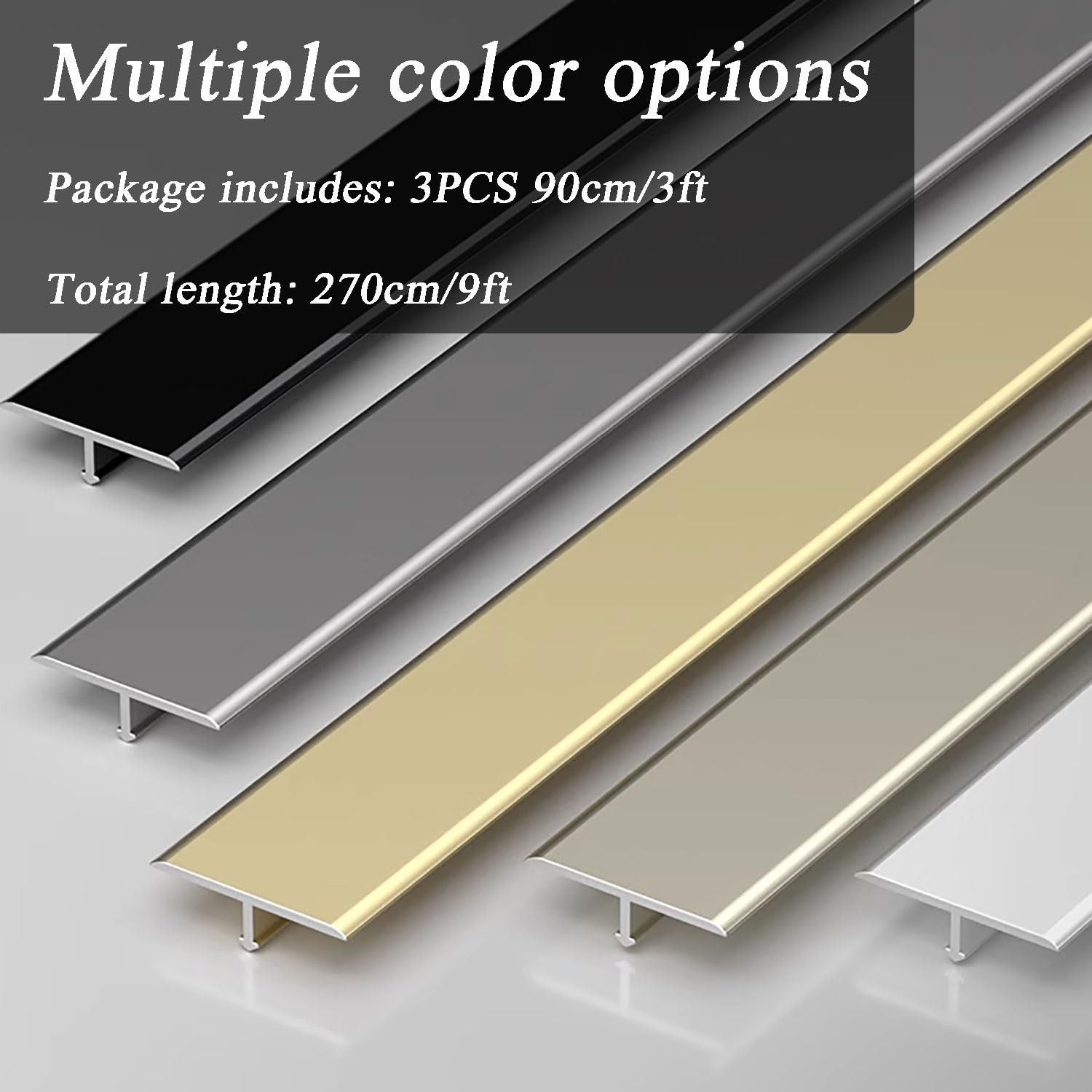 Listwy przejściowe do podłóg, 2,7 m, ze stopu aluminium, do łączenia desek laminowanych, płytek, szczelin podłogowych, czarne, 30 mm dł. 2,7 m