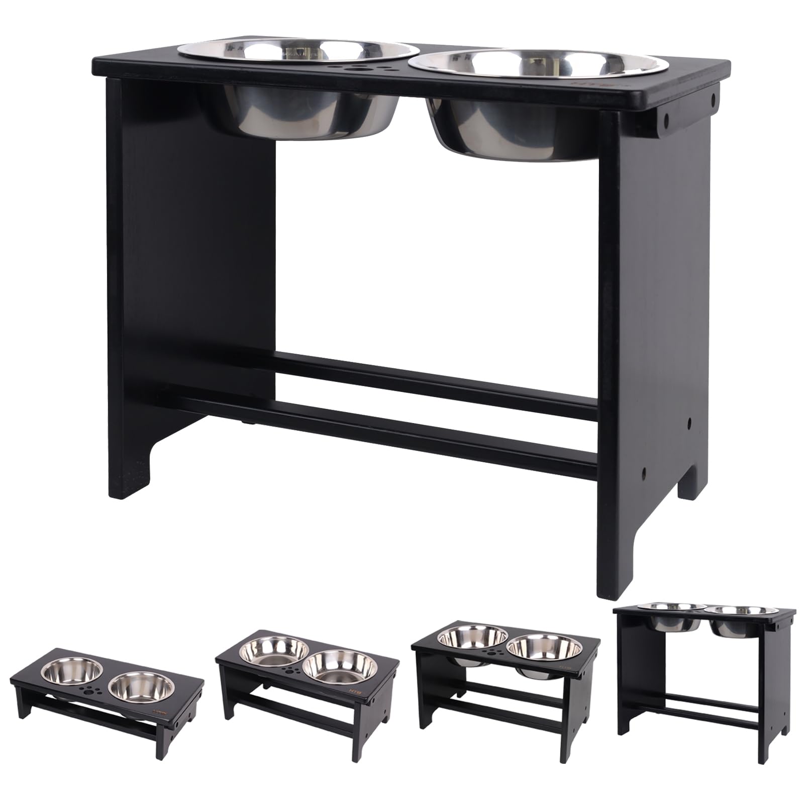 HTB Elevated Dog Bowl Stand with 2 Stainless Steel Bowls-14 H X-Large Black