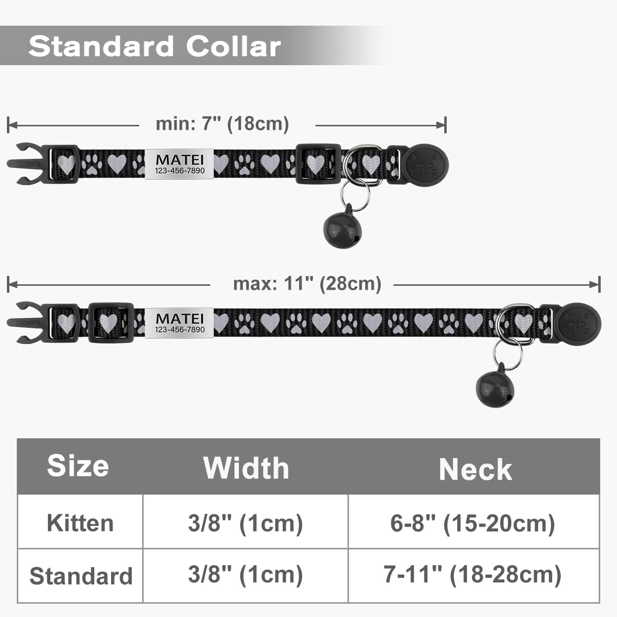 TagME 2 Pack Personalized Cat Collar Breakaway, Reflective Cat Collars with Name Tag and Bell for Boys &Girls, Black