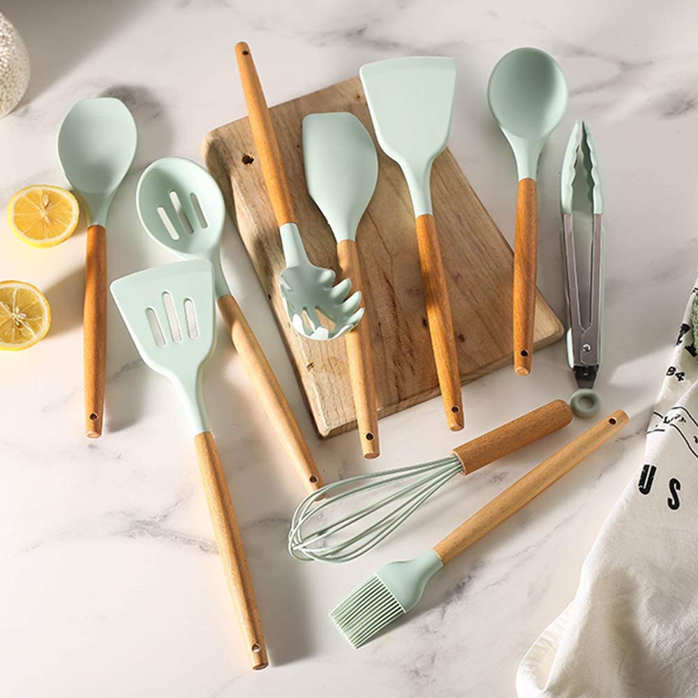 Silicone kitchen cookware set, with stand, 12 kitchen wooden handle cookware, BPA free, non-stick cookware, heat-resistant cookware set, Mint Green