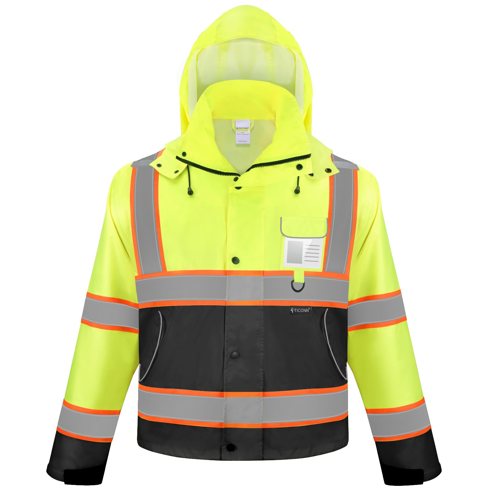 TICONN Reflective Rain Jacket Safety Jacket, Waterproof Hi Vis Rain Coat, Class III High Visibility Coat (Yellow&Black, S)