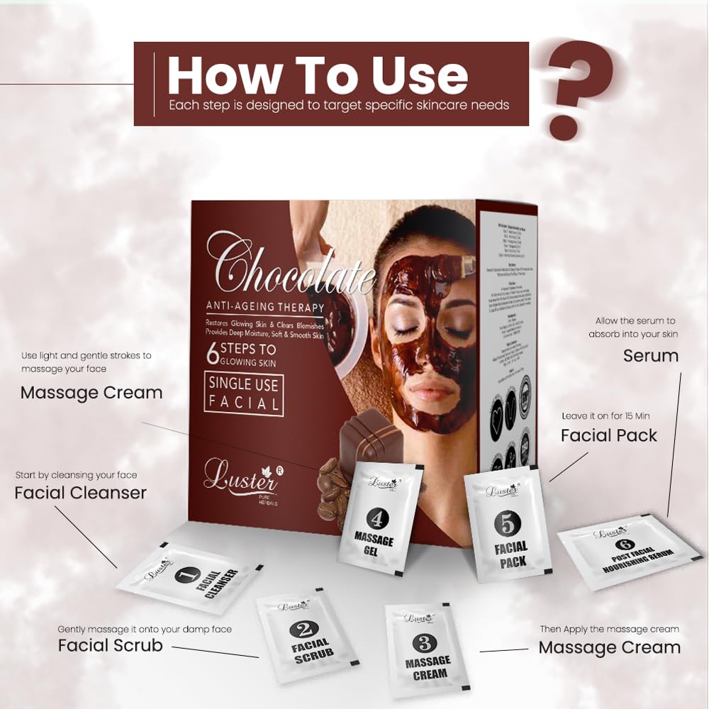 Luster Chocolate Facial kit | Enriched with Cocoa Extracts | 6 Step Facial Kit | Single Use Mini Facial Kit | Helps Smooth & Soft | Facial Kit for Women & Men | Paraben & Sulfate Free-40g 2