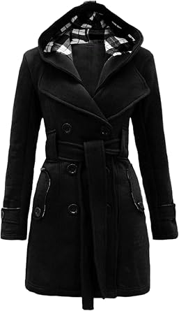 Womens Blend Double Breasted Winter Midi Length Trench Coat with Hood
