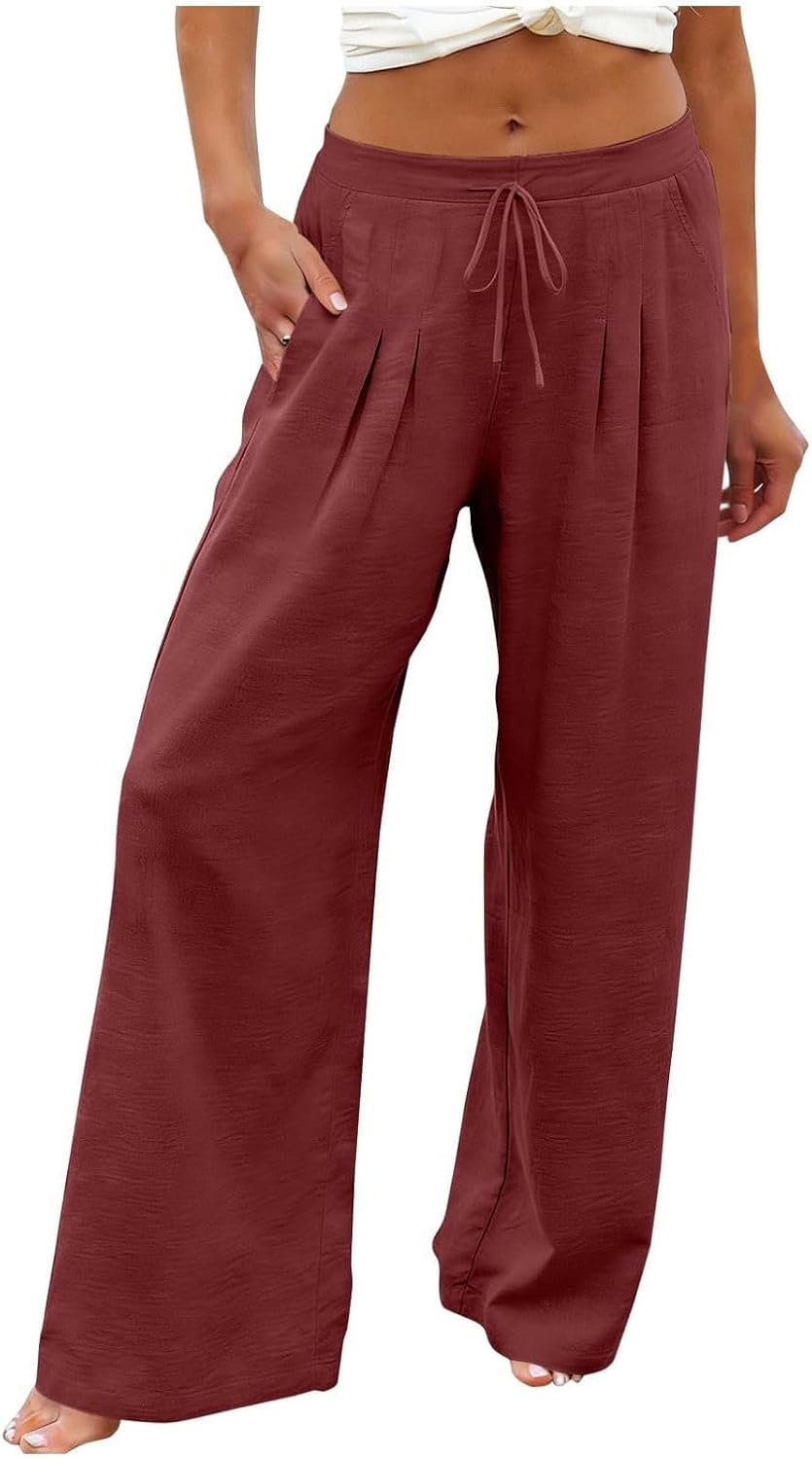 Women's Casual Wide Leg Pants with Pockets High Waisted Drawstring Summer Spring Pant Flowy Beach Palazzo Trousers