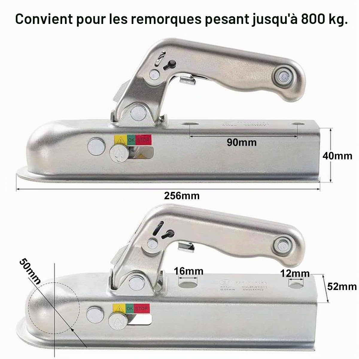 Tete Attelage Remorque, Timon Remorque Carré de 50mm Tete Crochet Attelage Remorque Voiture Accessoire Remorque Compatible avec Attelage Universel à Boule pour Remorque