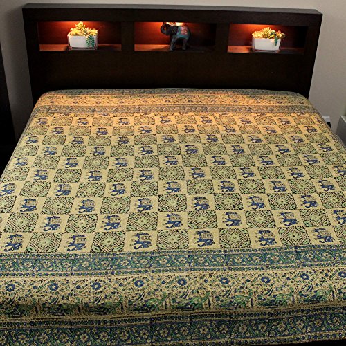 Homestead Block Print On Batik Tapestry-Indian Bedspread-F/Q-Gray/Blue #TOP1