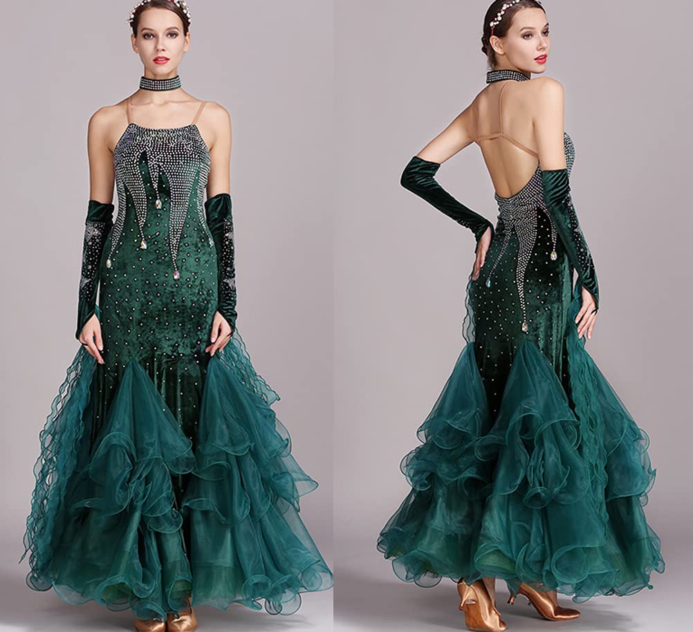 Ladies Waltz Competition Costume Ballroom Dance Dress Flamenco Performance Dance Outfit Rhinestones Salsa Dancewear,Green,M